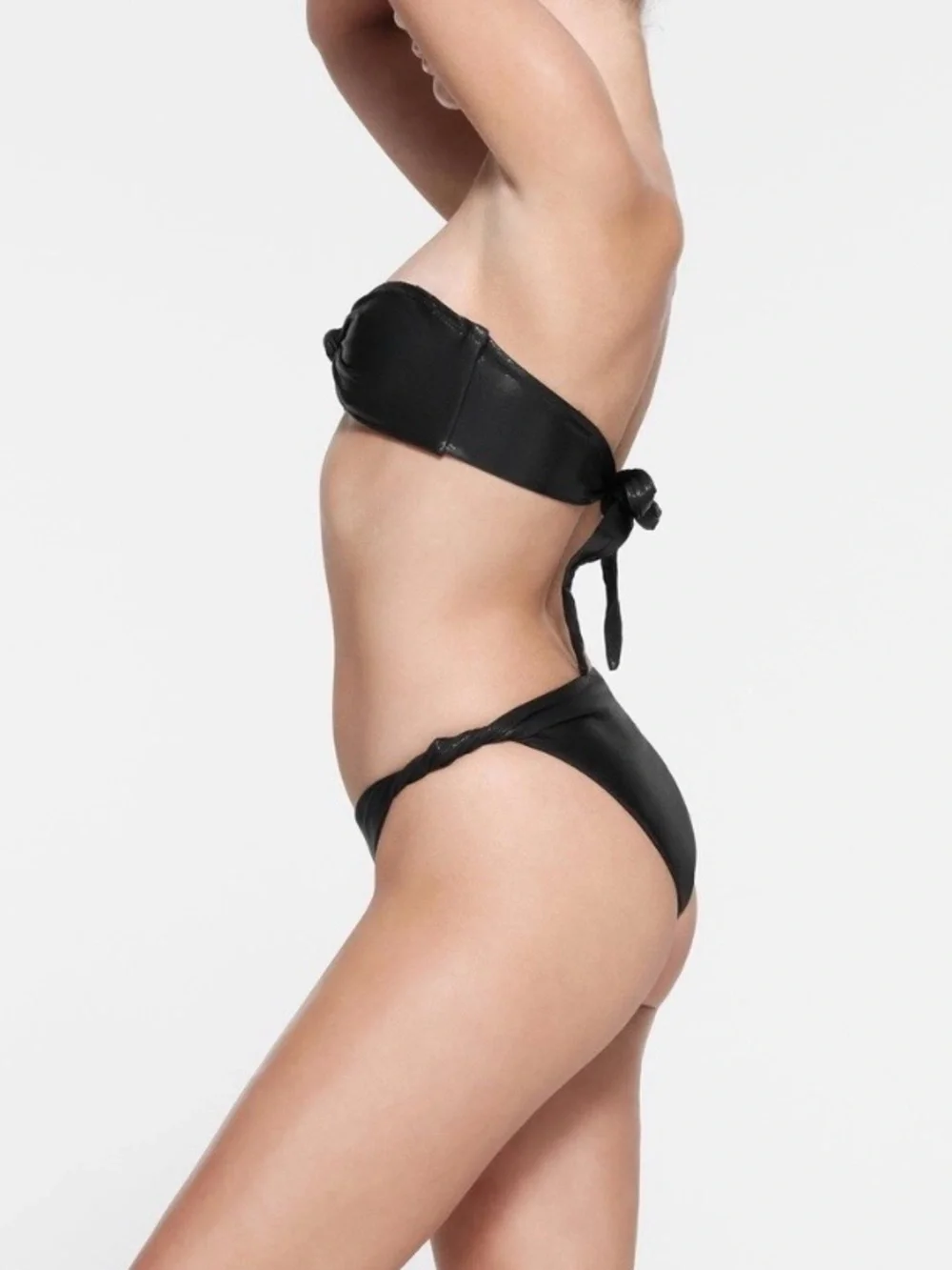 SKIMS Liquid Shine Black Strapless Knot Bandeau Bikini Set—S & XS